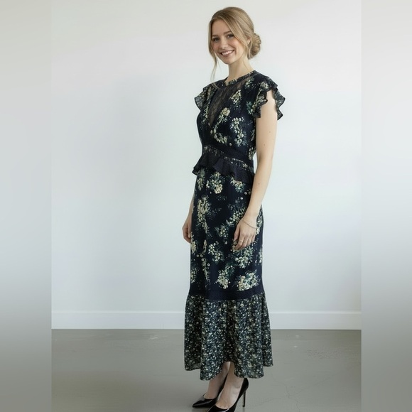 Sugarlips Dresses & Skirts - Sugarlips Floral Flutter Sleve Navy Blue Dress Women’s size L